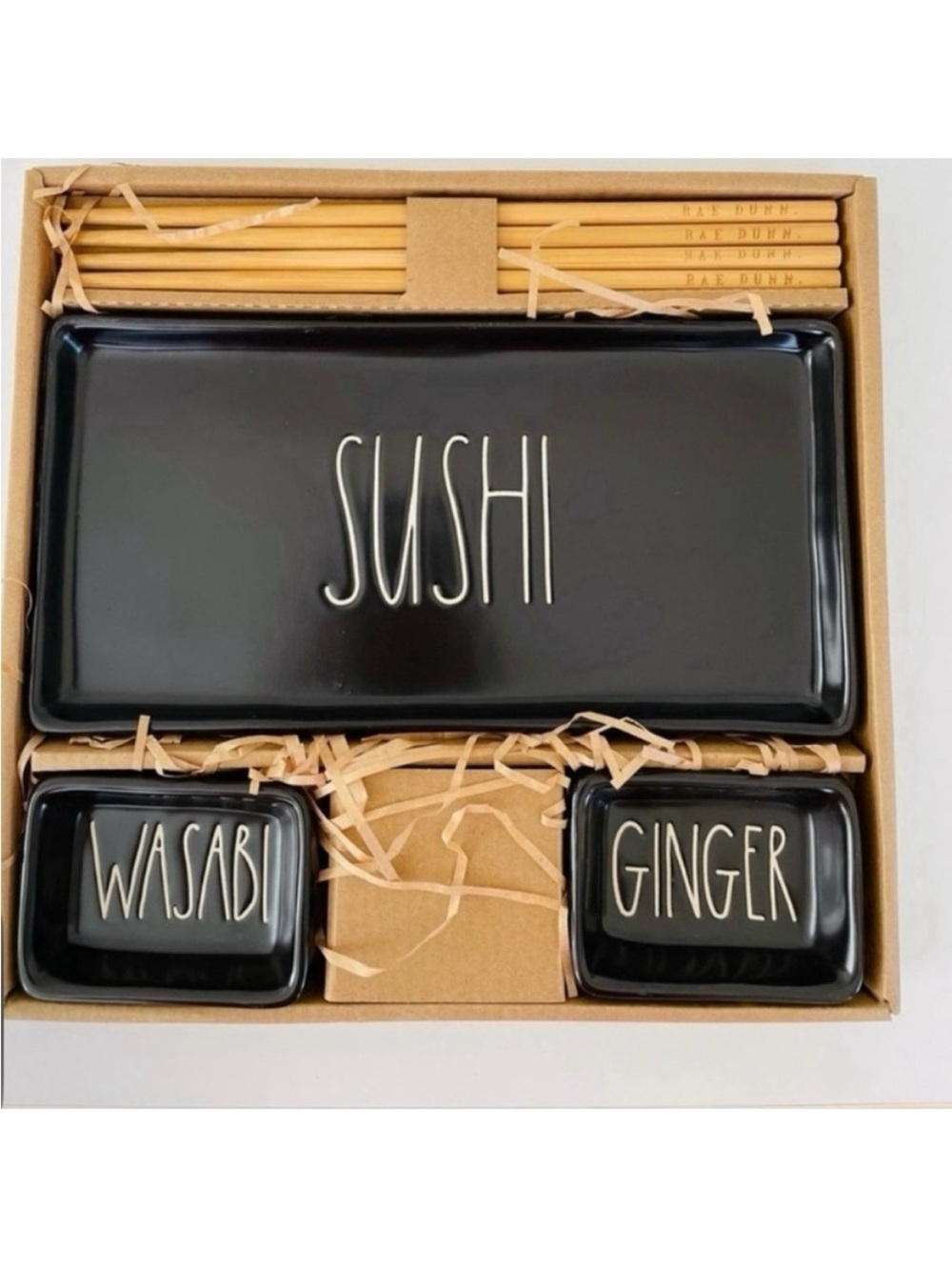 🆕- Rae Dunn Sushi Set-Plate, Dip Bowls and Chopsticks Set.